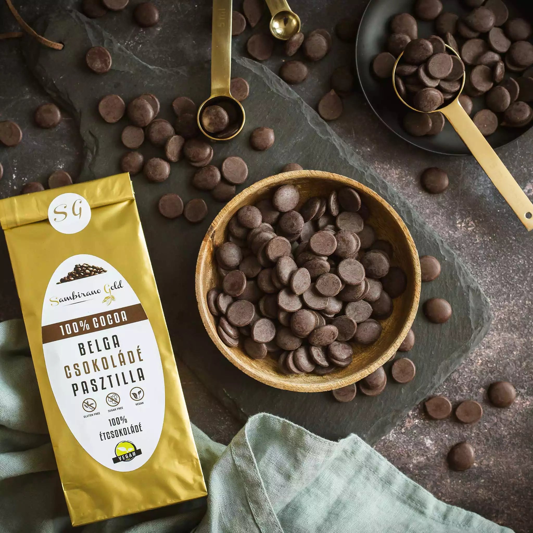 Sambirano Gold - 100% kakaó tartalmú belga étcsokoládé pasztilla